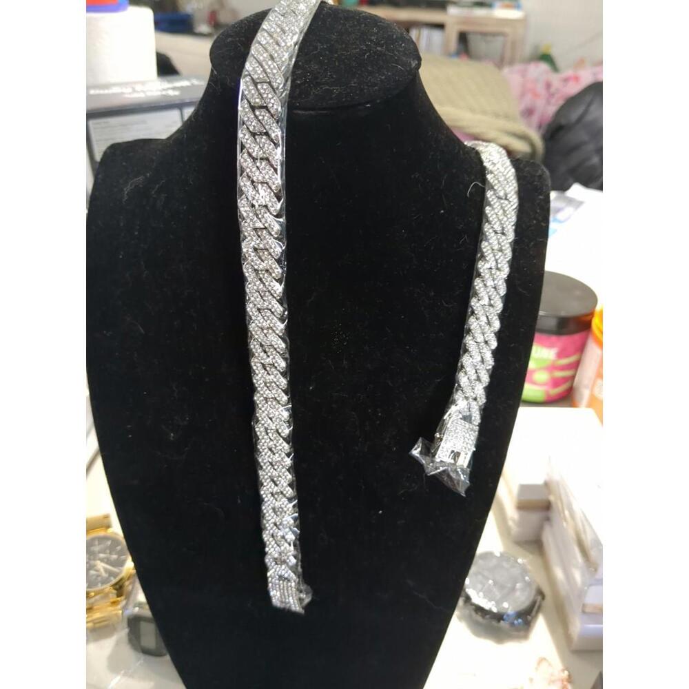 Iced Out Cuban Link Chain Simulated Diamonds 10mm Chunky Bling Necklace/Bracelet